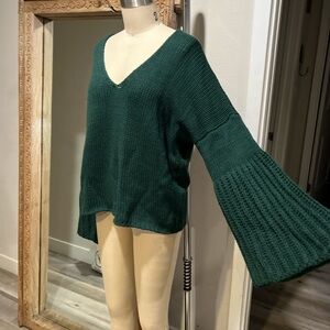 Arje Green Flare Plunge Neck Knit Sweater